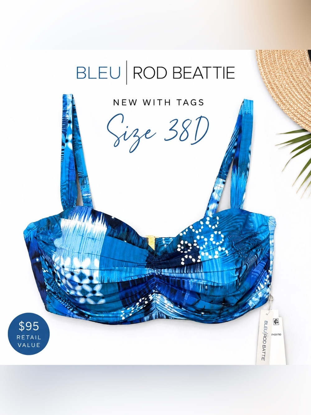 Bleu Rod Beattie "Too Hot To Handle" Shirred Bandeau Bikini Top, Size 38D. NWT